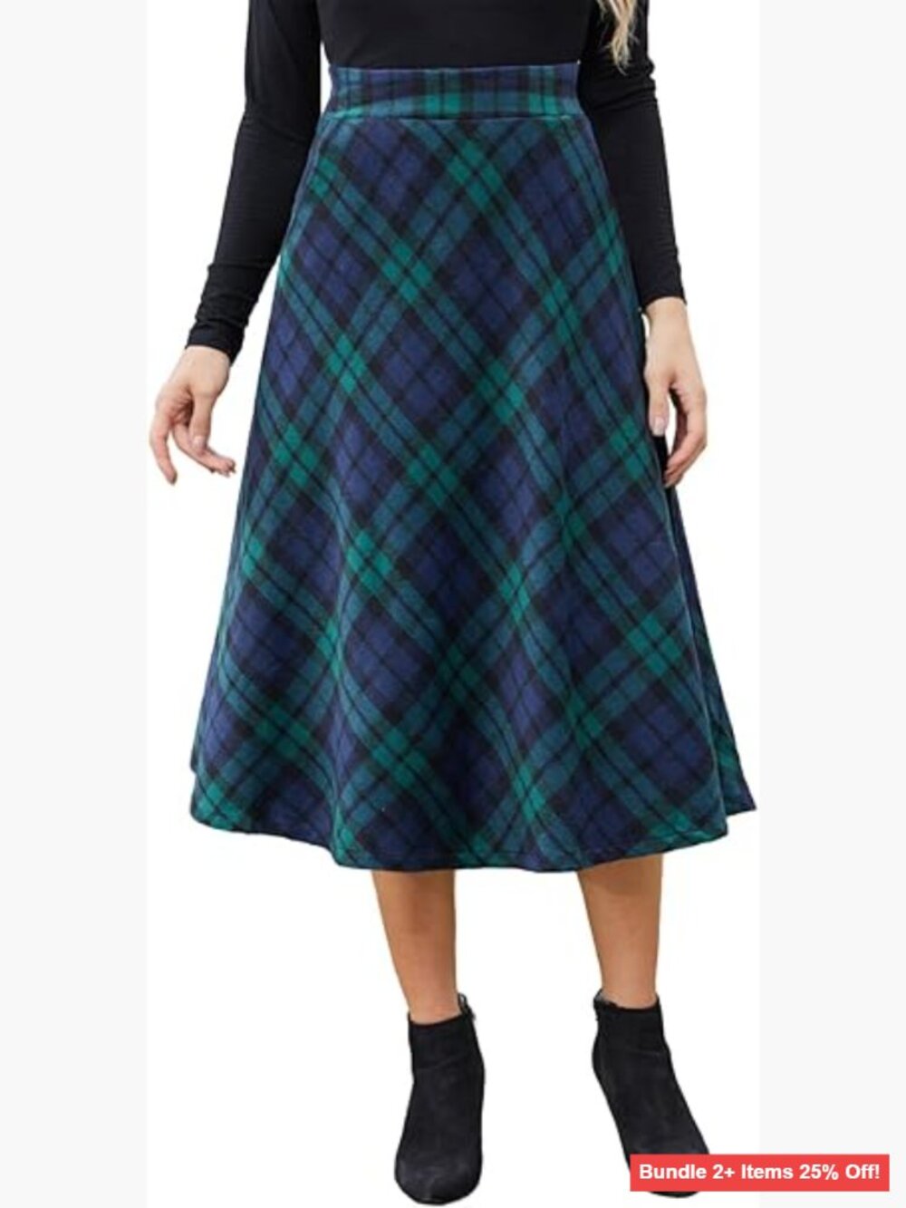 Midi A-Line Skirt High Elastic Waist Flare Pleated with Pockets Winter